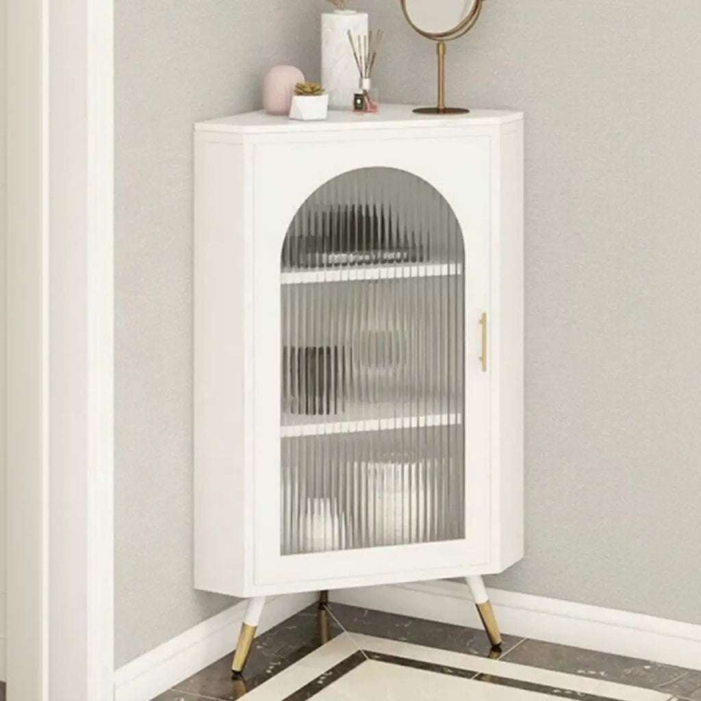 Elegant White Black Faux Marble Top Arch Glass Corner Cabinet
