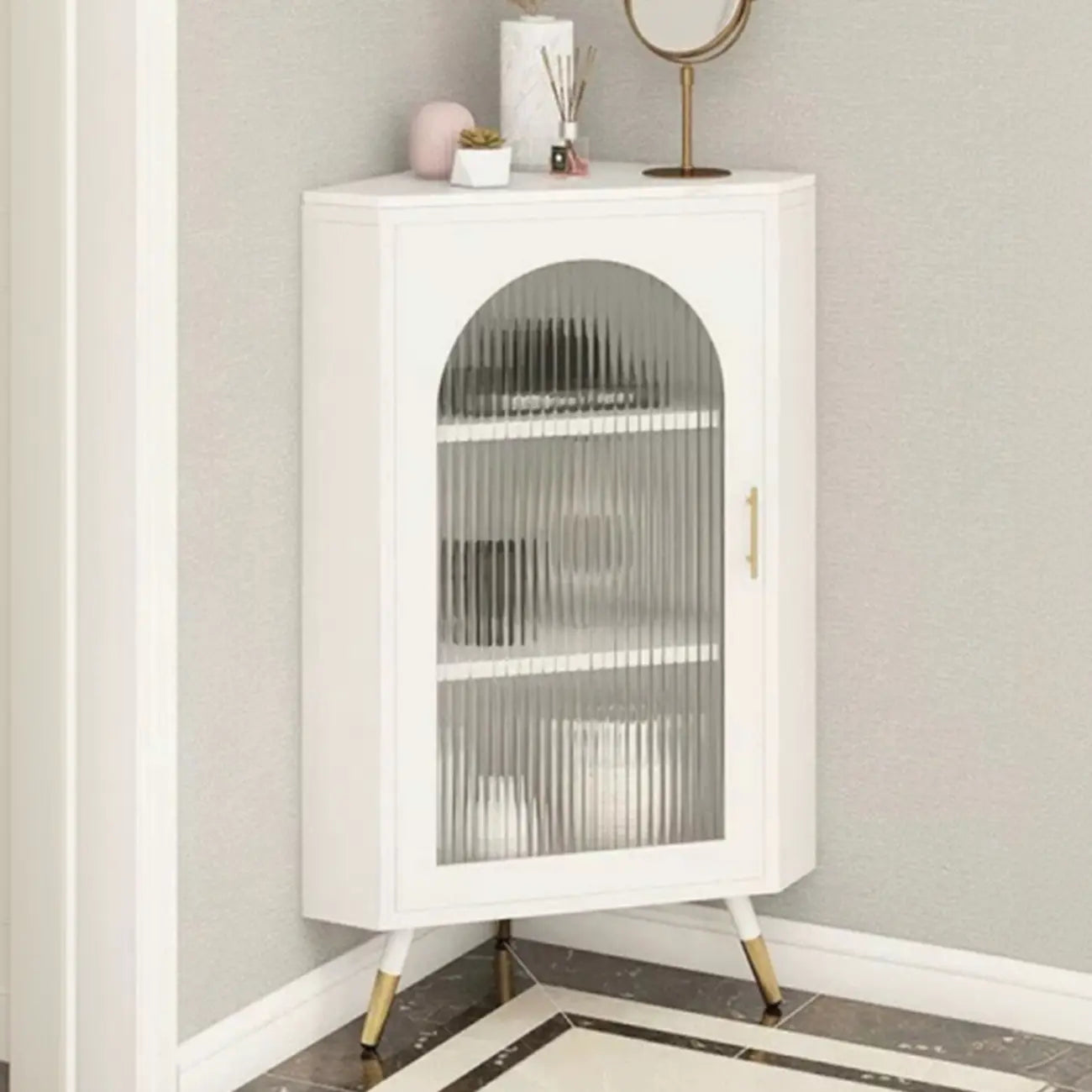 Elegant White Black Faux Marble Top Arch Glass Corner Cabinet