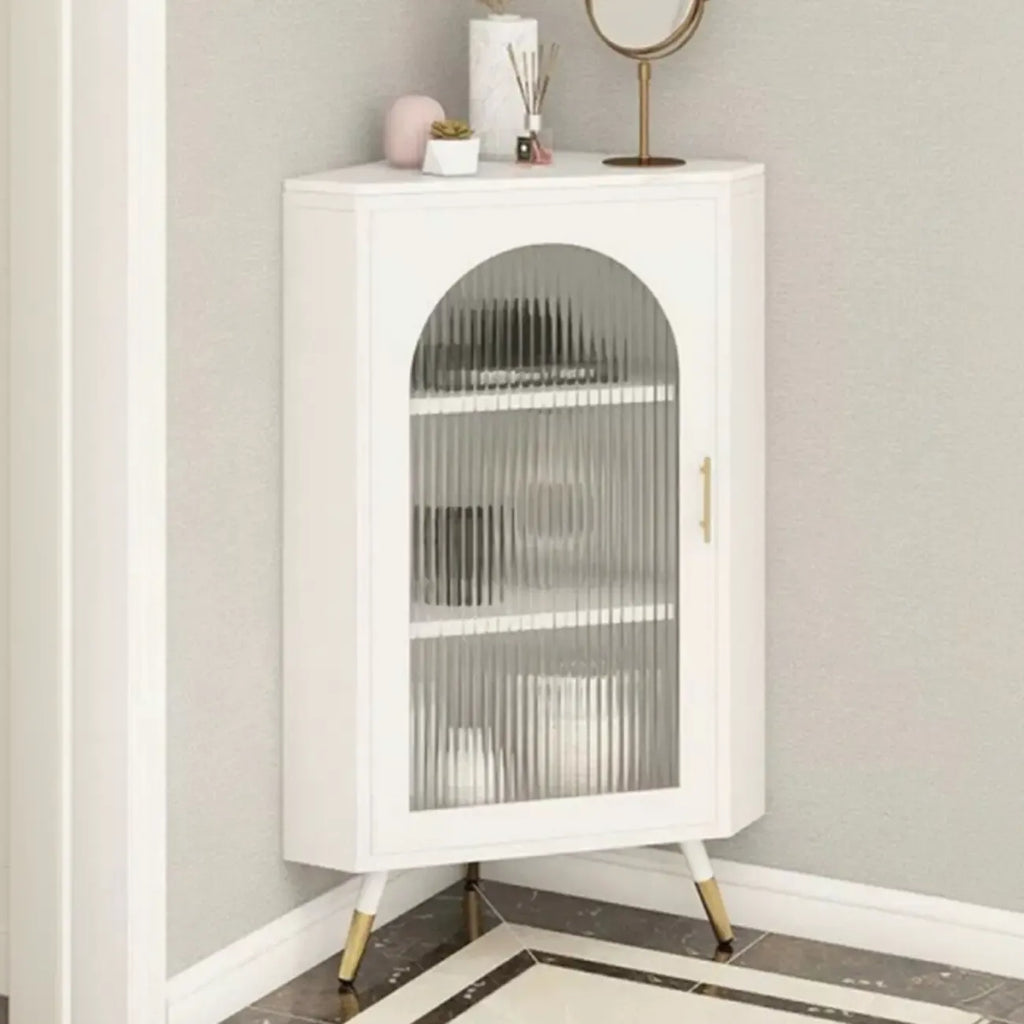 Elegant White Black Faux Marble Top Arch Glass Corner Cabinet