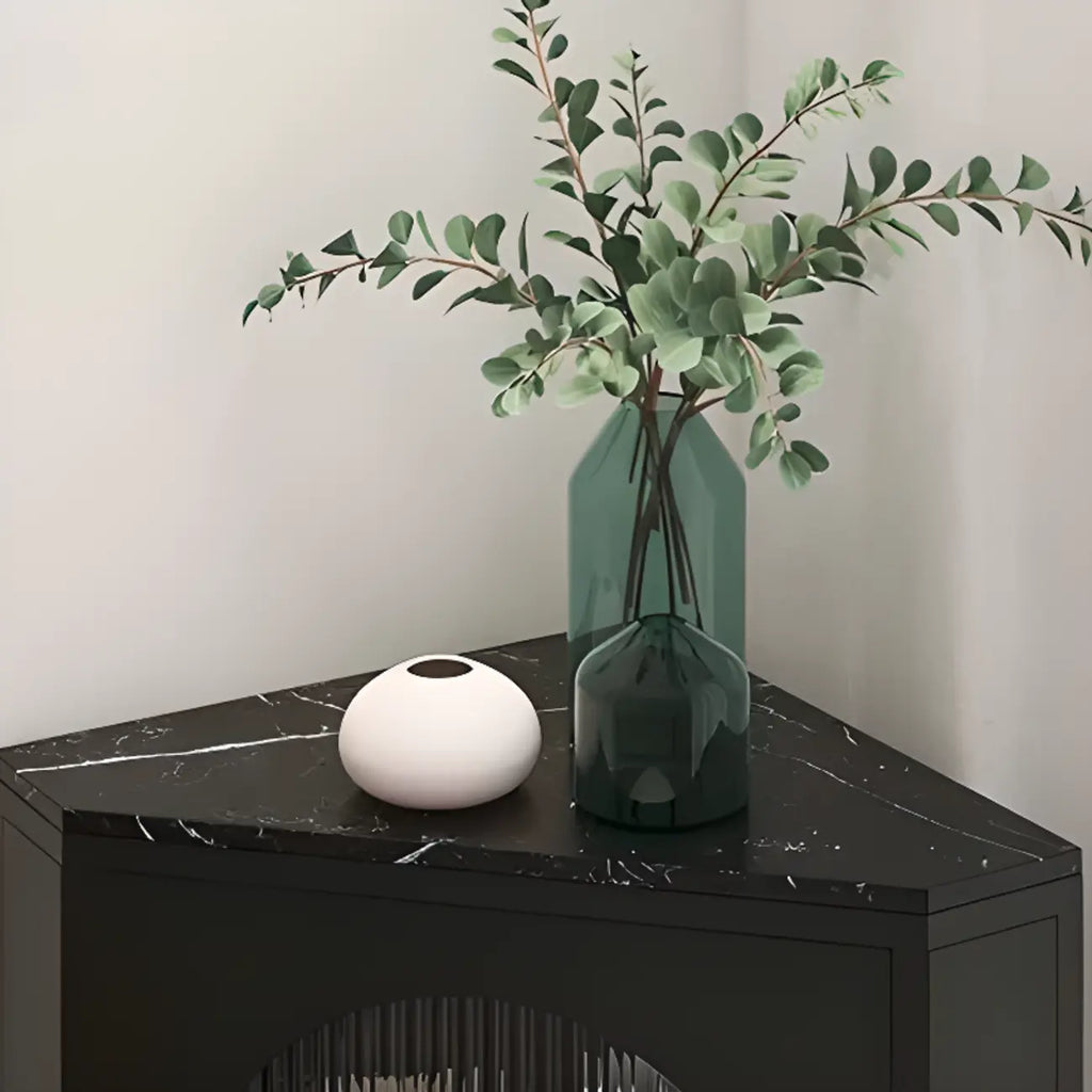 Elegant White Black Faux Marble Top Arch Glass Corner Cabinet