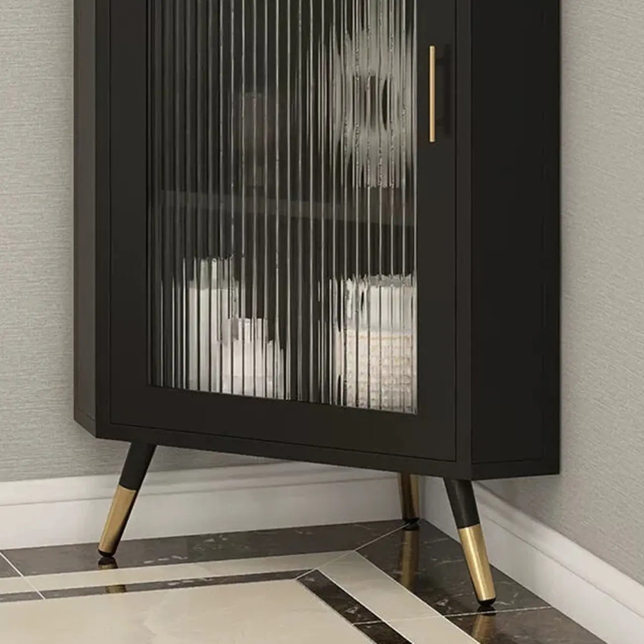 Elegant White Black Faux Marble Top Arch Glass Corner Cabinet