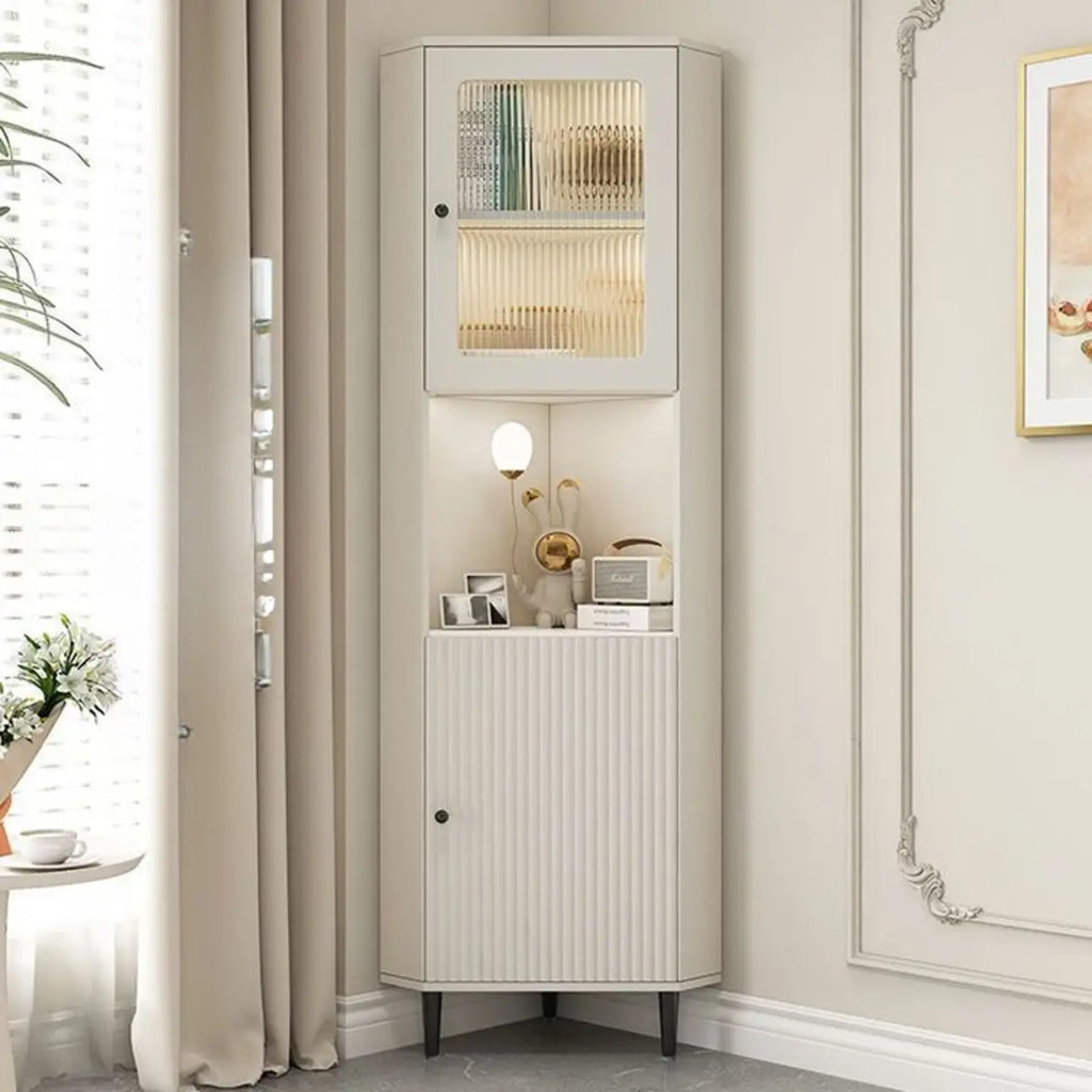 Modern Gold Beige Wood Corner Utility Cabinet with Lighting