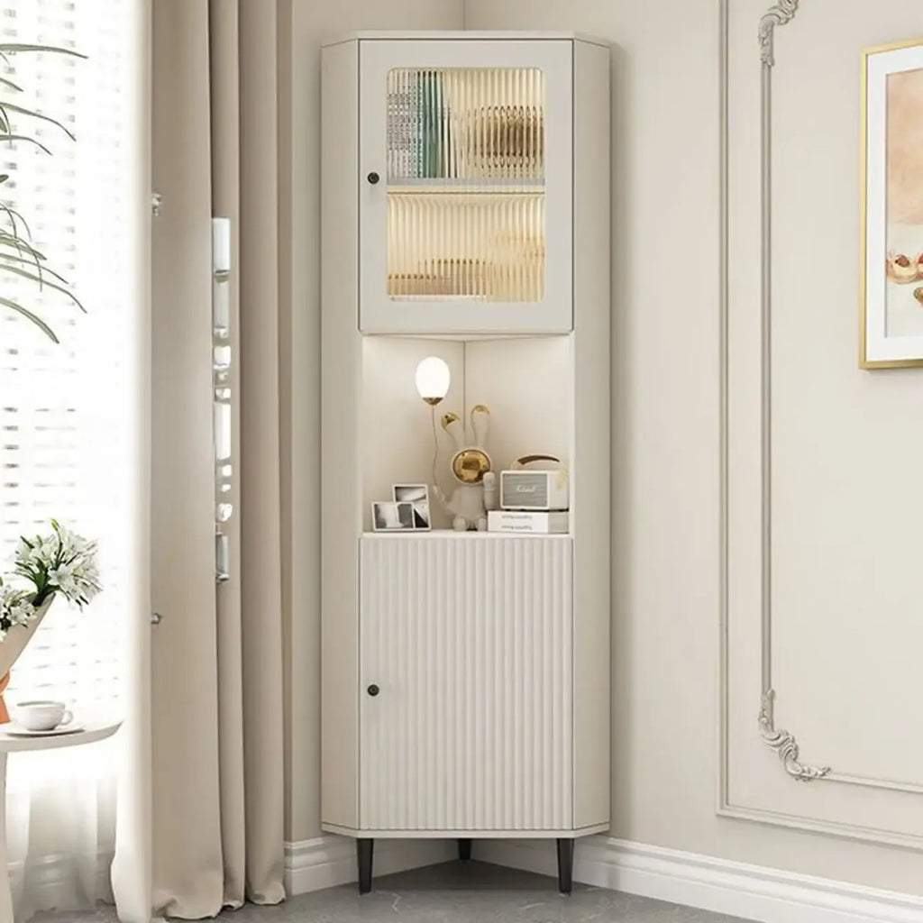 Modern Gold Beige Wood Corner Utility Cabinet with Lighting