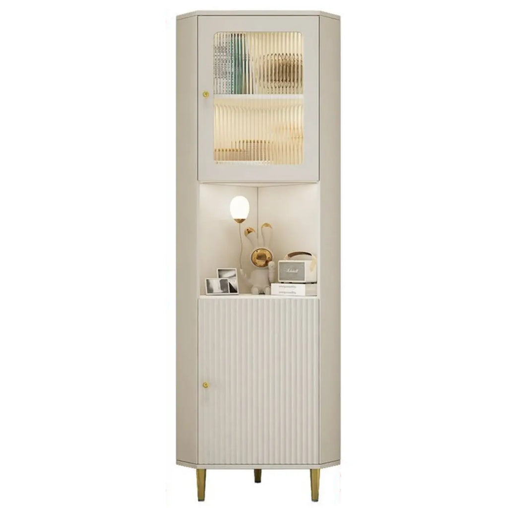 Modern Gold Beige Wood Corner Utility Cabinet with Lighting