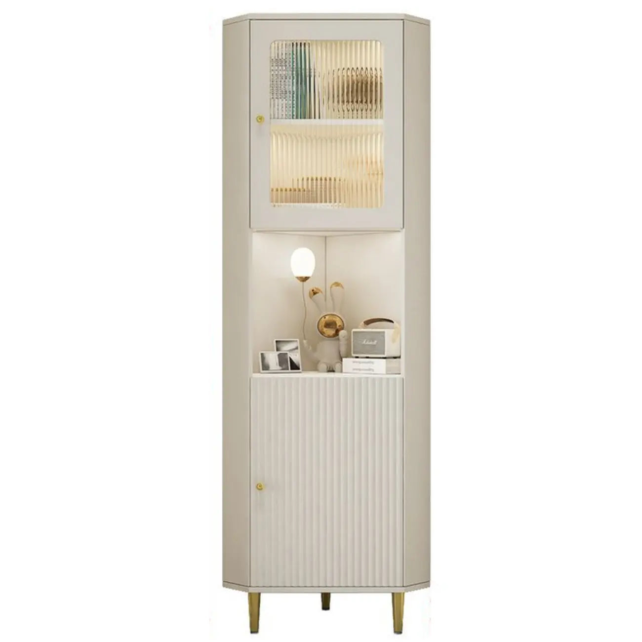 Modern Gold Beige Wood Corner Utility Cabinet with Lighting