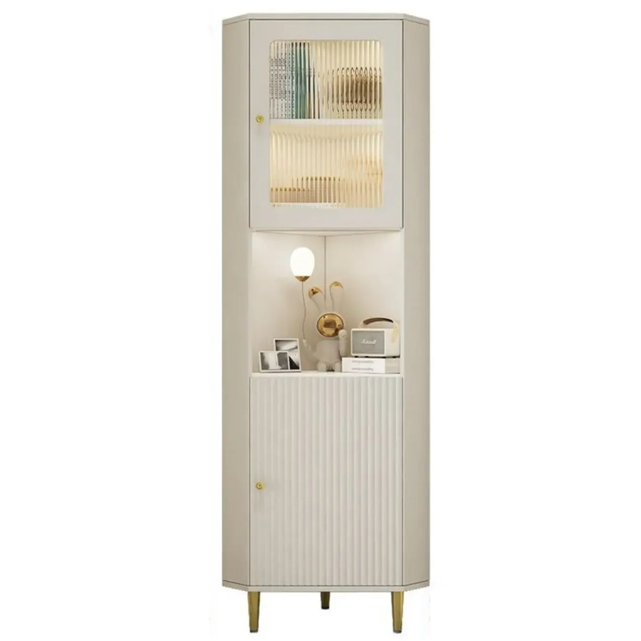Modern Gold Beige Wood Corner Utility Cabinet with Lighting