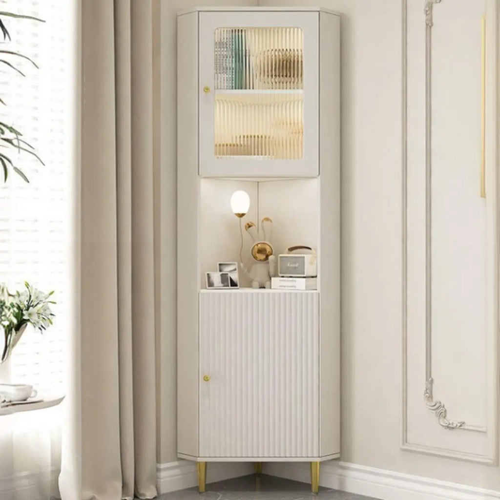 Modern Gold Beige Wood Corner Utility Cabinet with Lighting