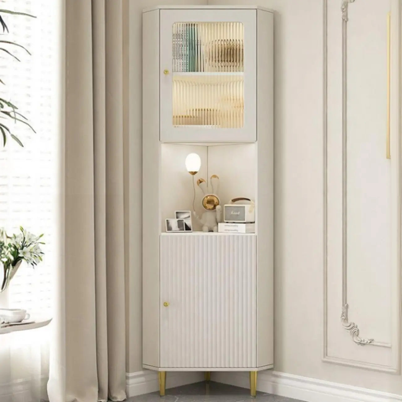 Modern Gold Beige Wood Corner Utility Cabinet with Lighting