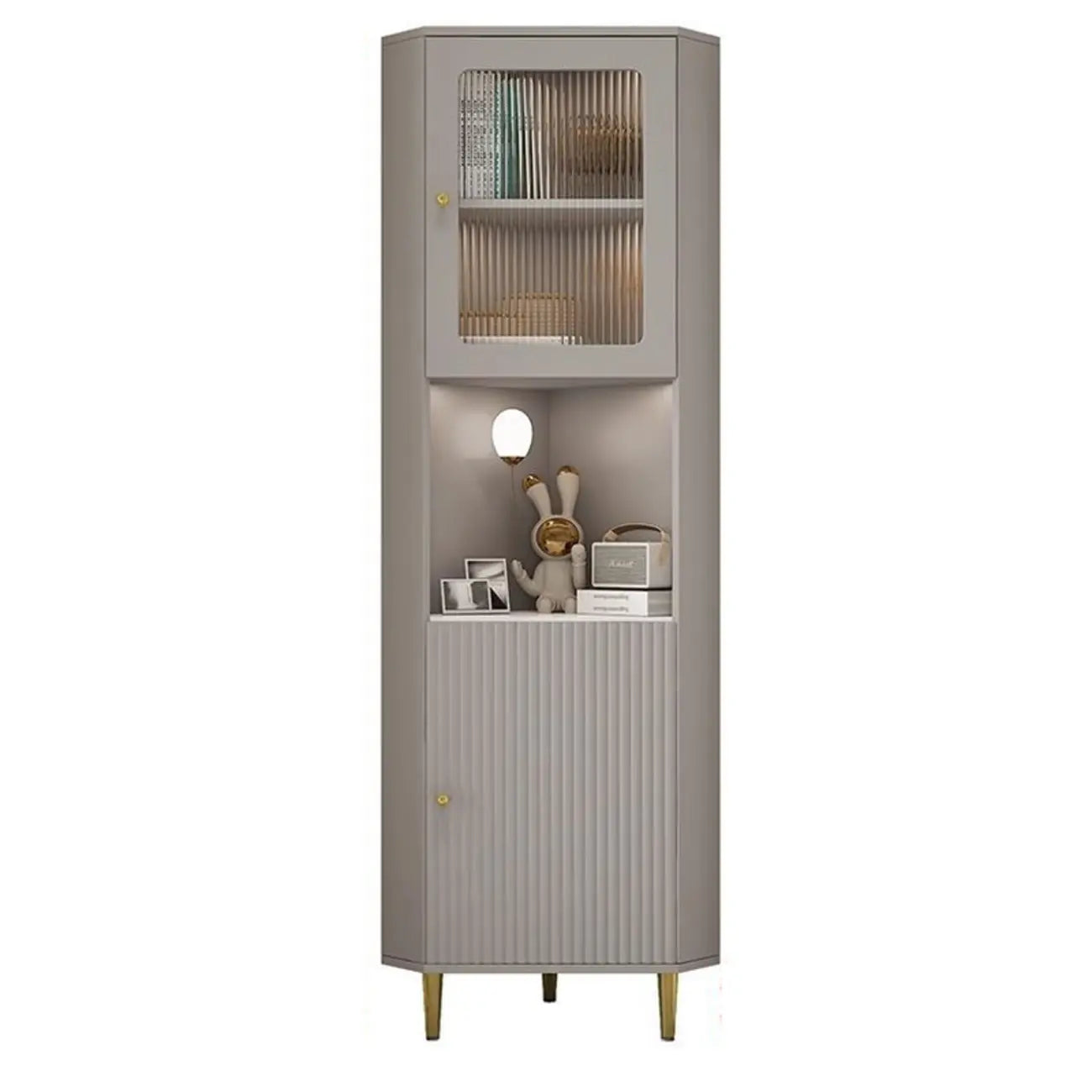 Modern Gold Beige Wood Corner Utility Cabinet with Lighting