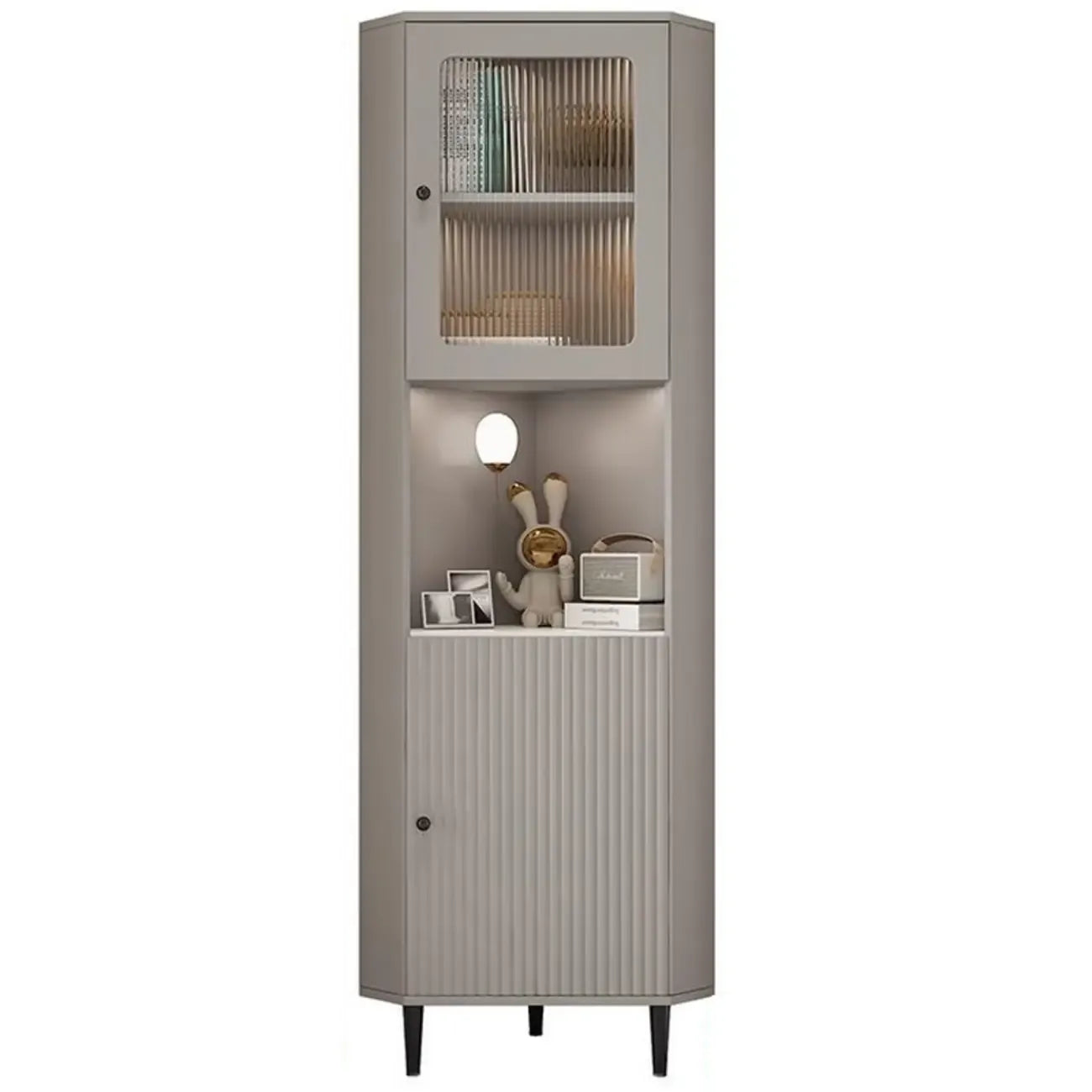 Modern Gold Beige Wood Corner Utility Cabinet with Lighting