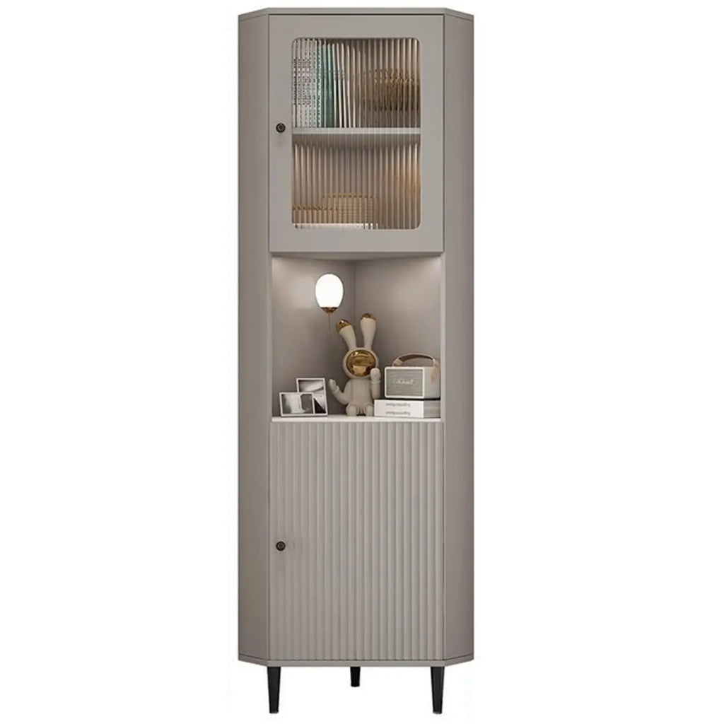 Modern Gold Beige Wood Corner Utility Cabinet with Lighting