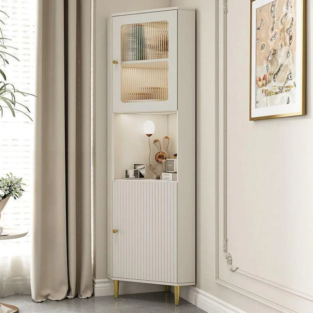 Modern Gold Beige Wood Corner Utility Cabinet with Lighting