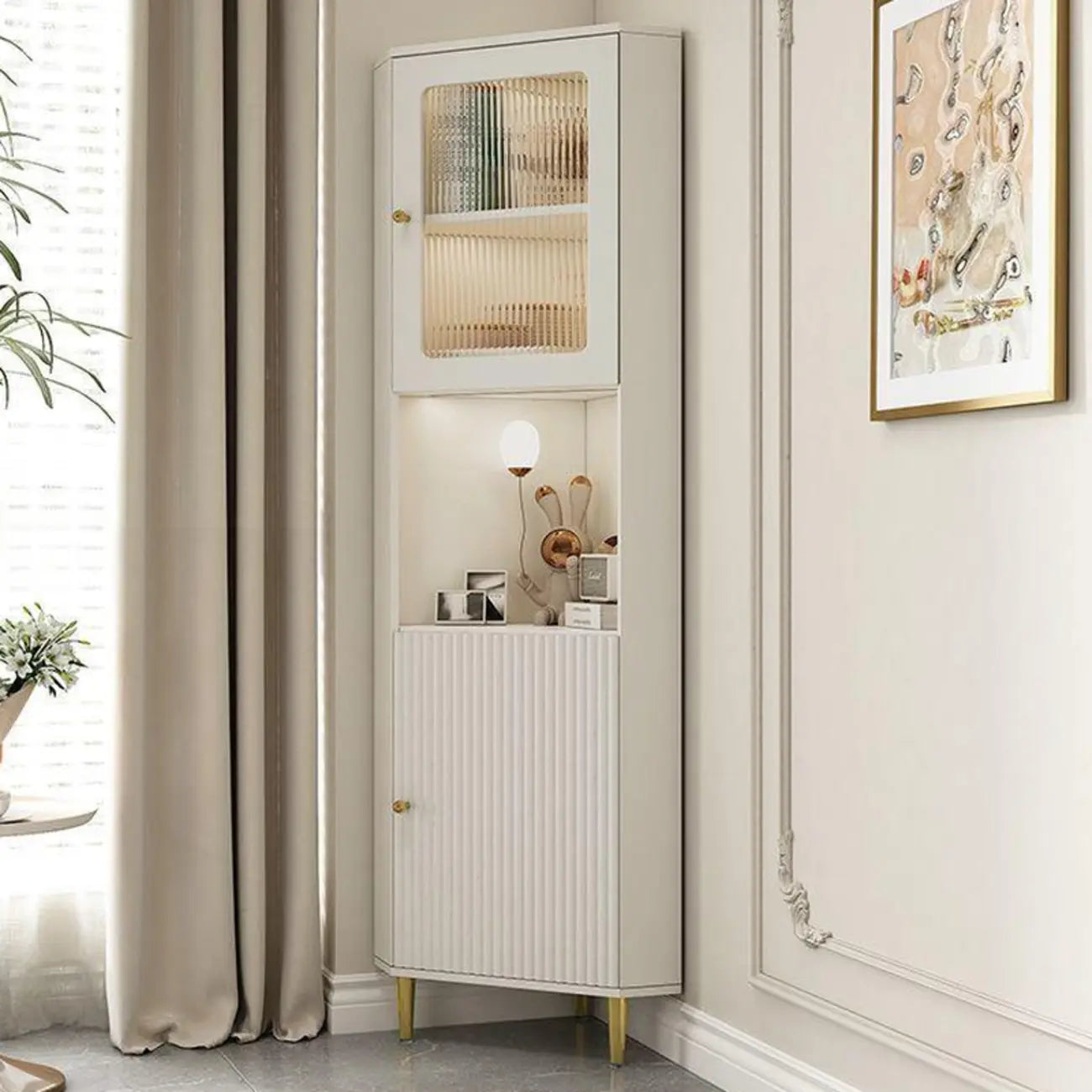 Modern Gold Beige Wood Corner Utility Cabinet with Lighting