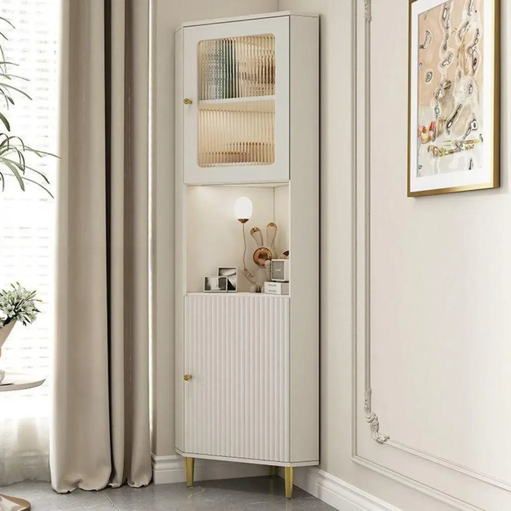 Modern Gold Beige Wood Corner Utility Cabinet with Lighting