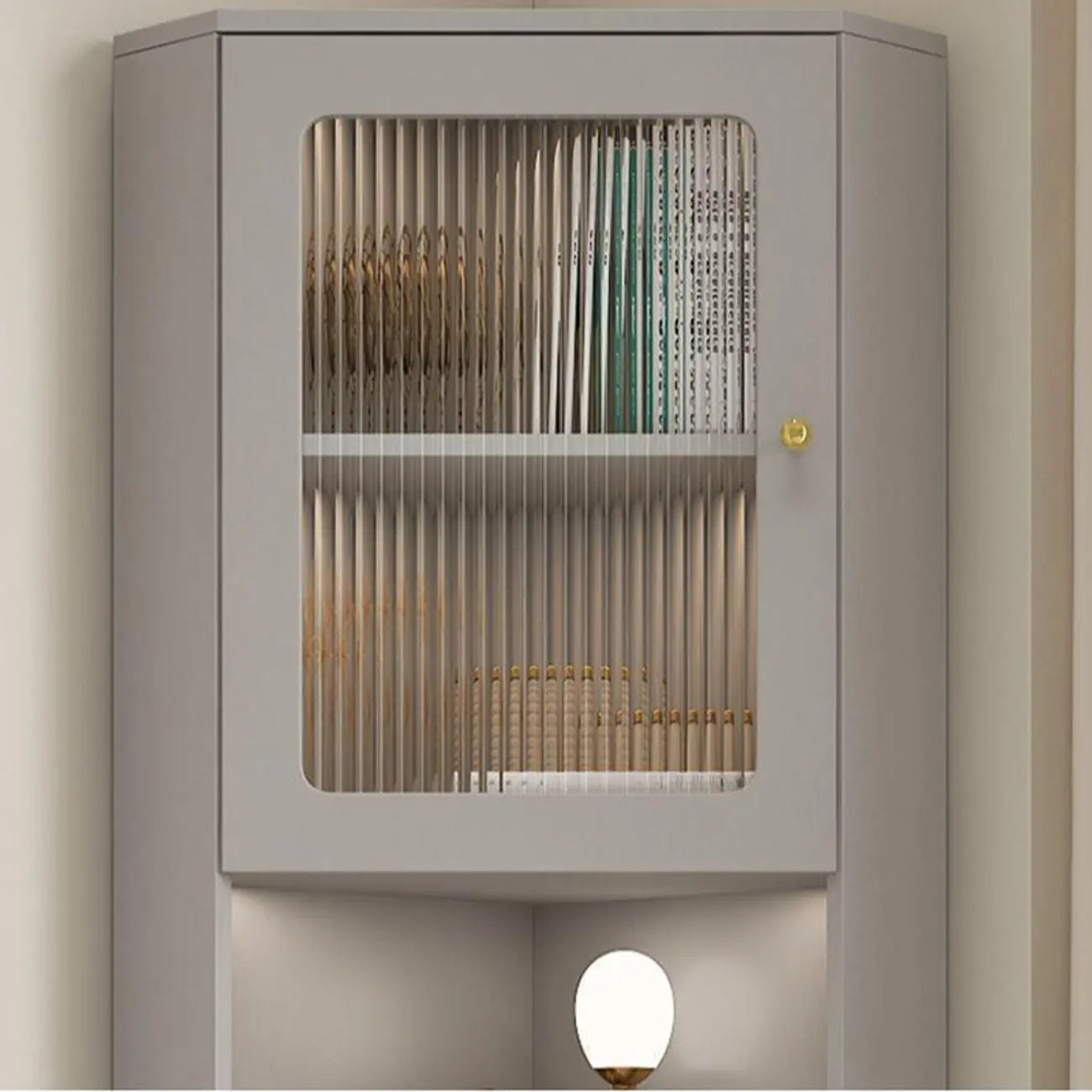 Modern Gold Beige Wood Corner Utility Cabinet with Lighting