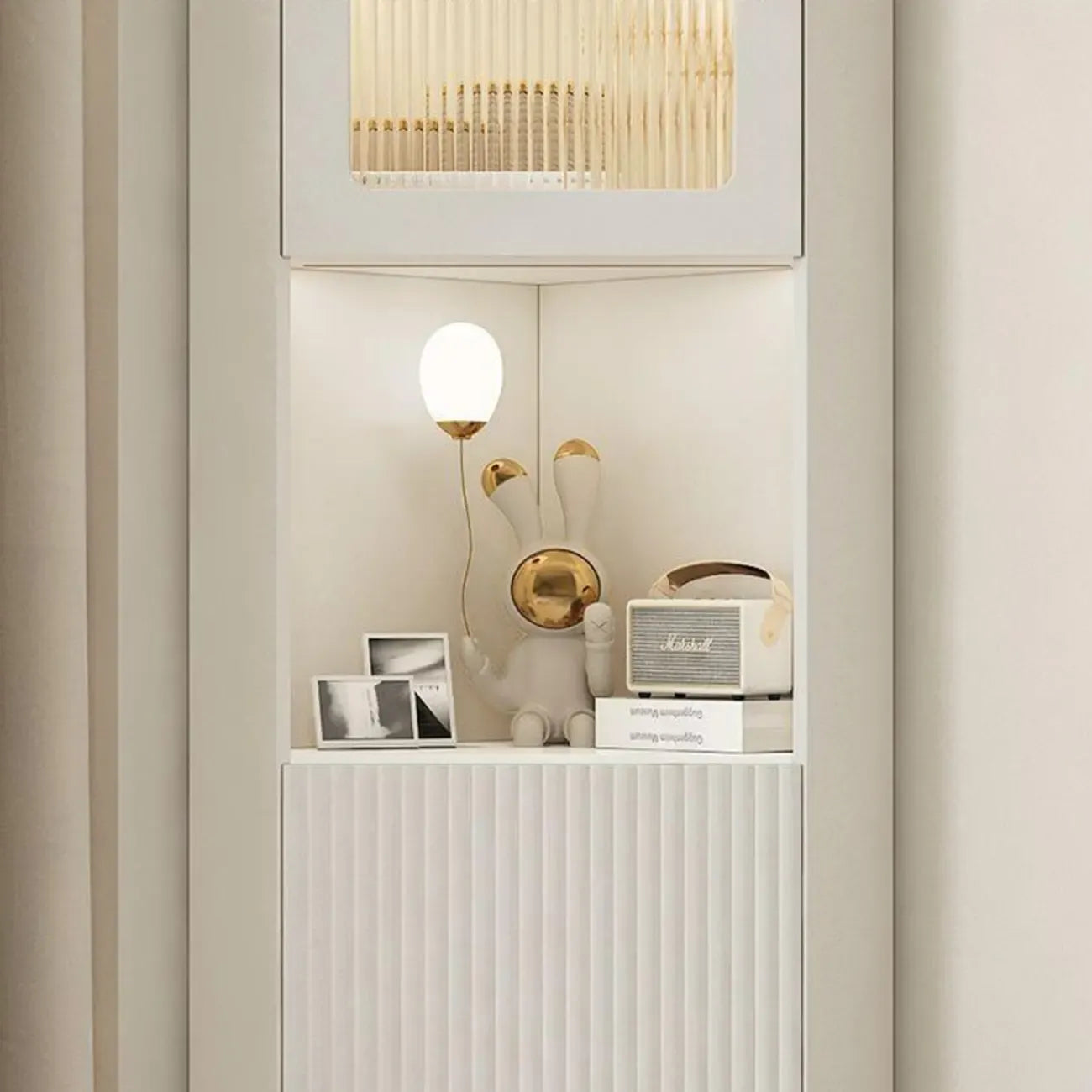 Modern Gold Beige Wood Corner Utility Cabinet with Lighting