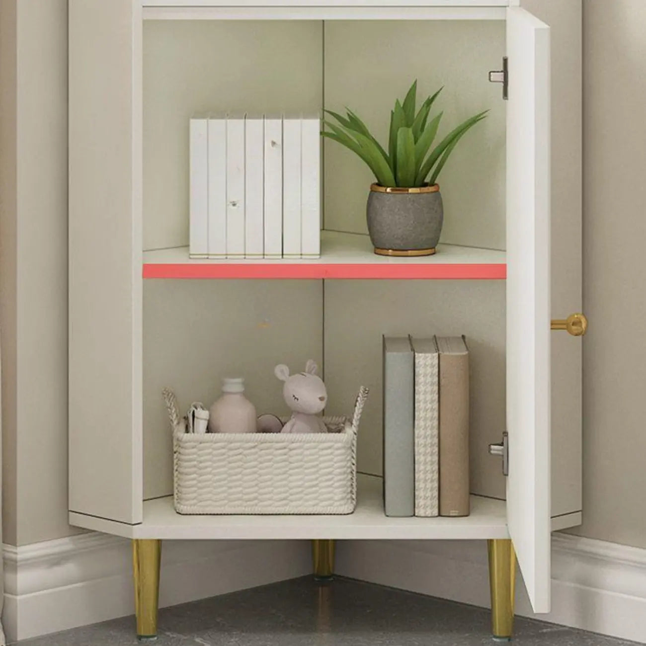 Modern Gold Beige Wood Corner Utility Cabinet with Lighting