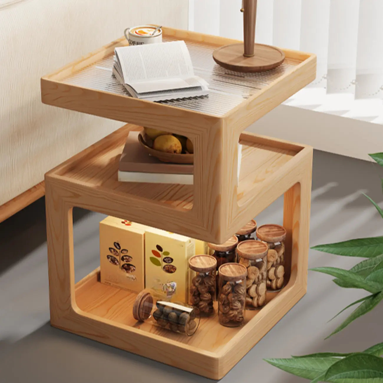 3 Tiers Square Wood Glass Top Open Storage Side Table
