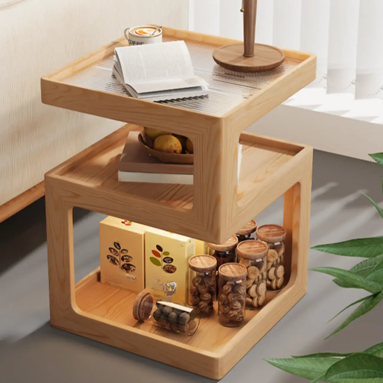 3 Tiers Square Wood Glass Top Open Storage Side Table