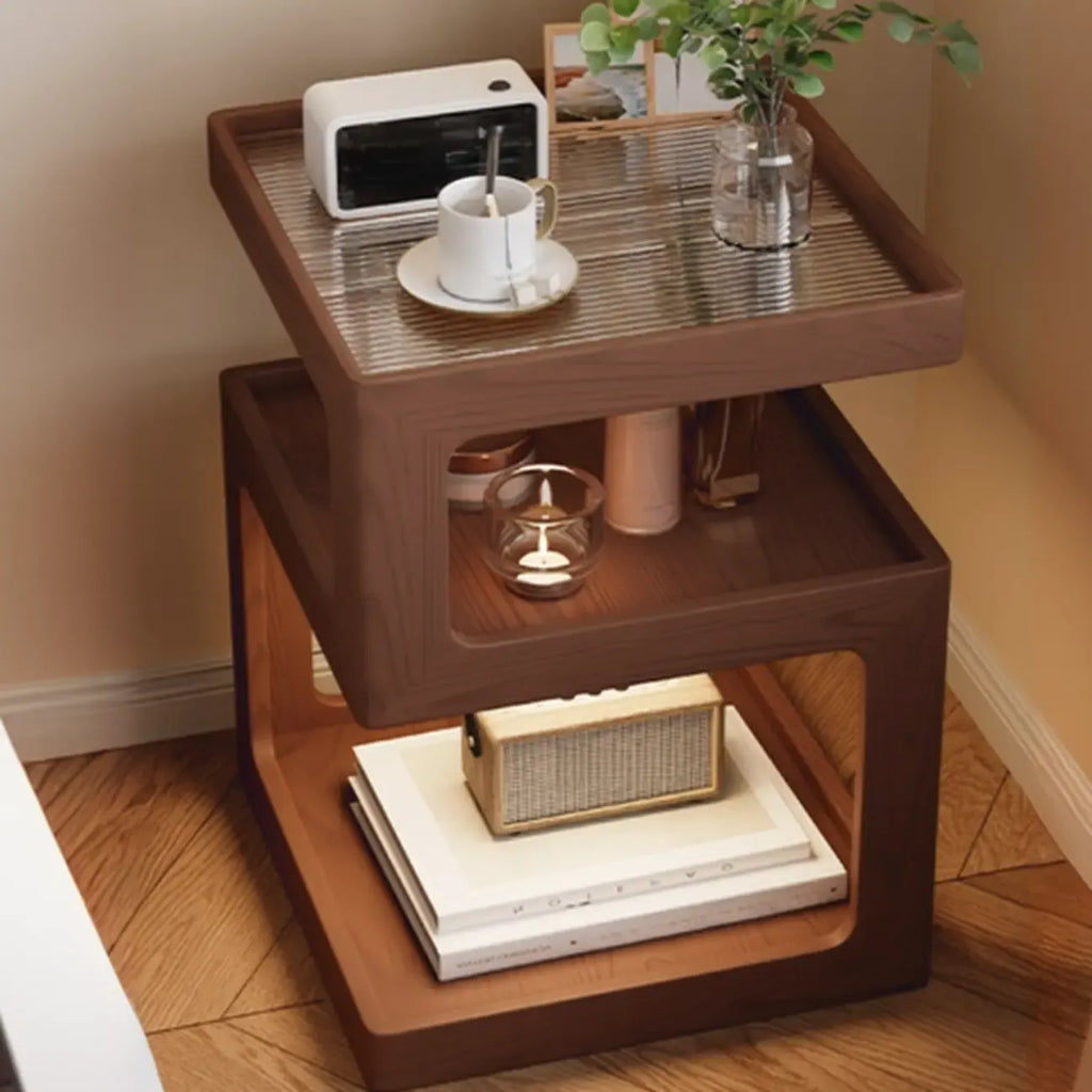 3 Tiers Square Wood Glass Top Open Storage Side Table