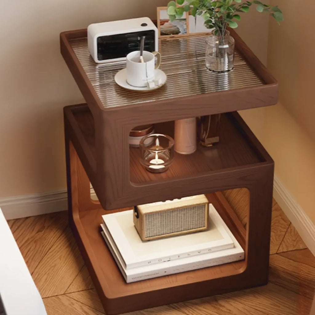 3 Tiers Square Wood Glass Top Open Storage Side Table