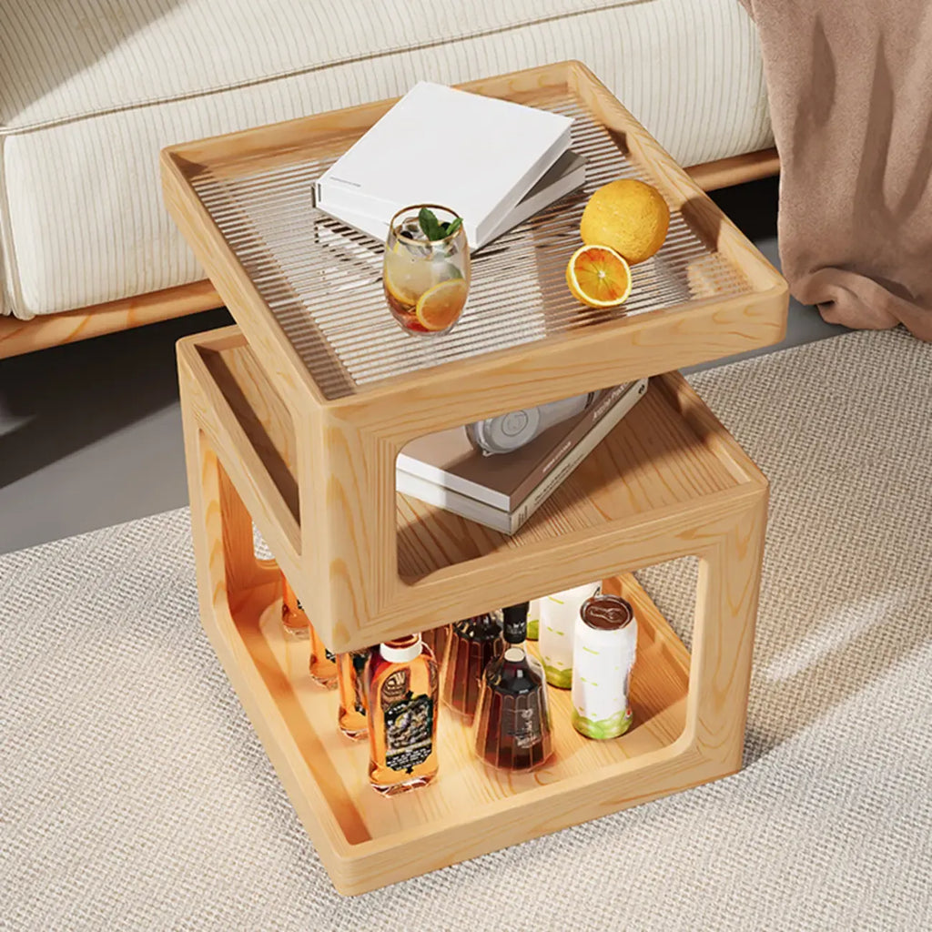 3 Tiers Square Wood Glass Top Open Storage Side Table