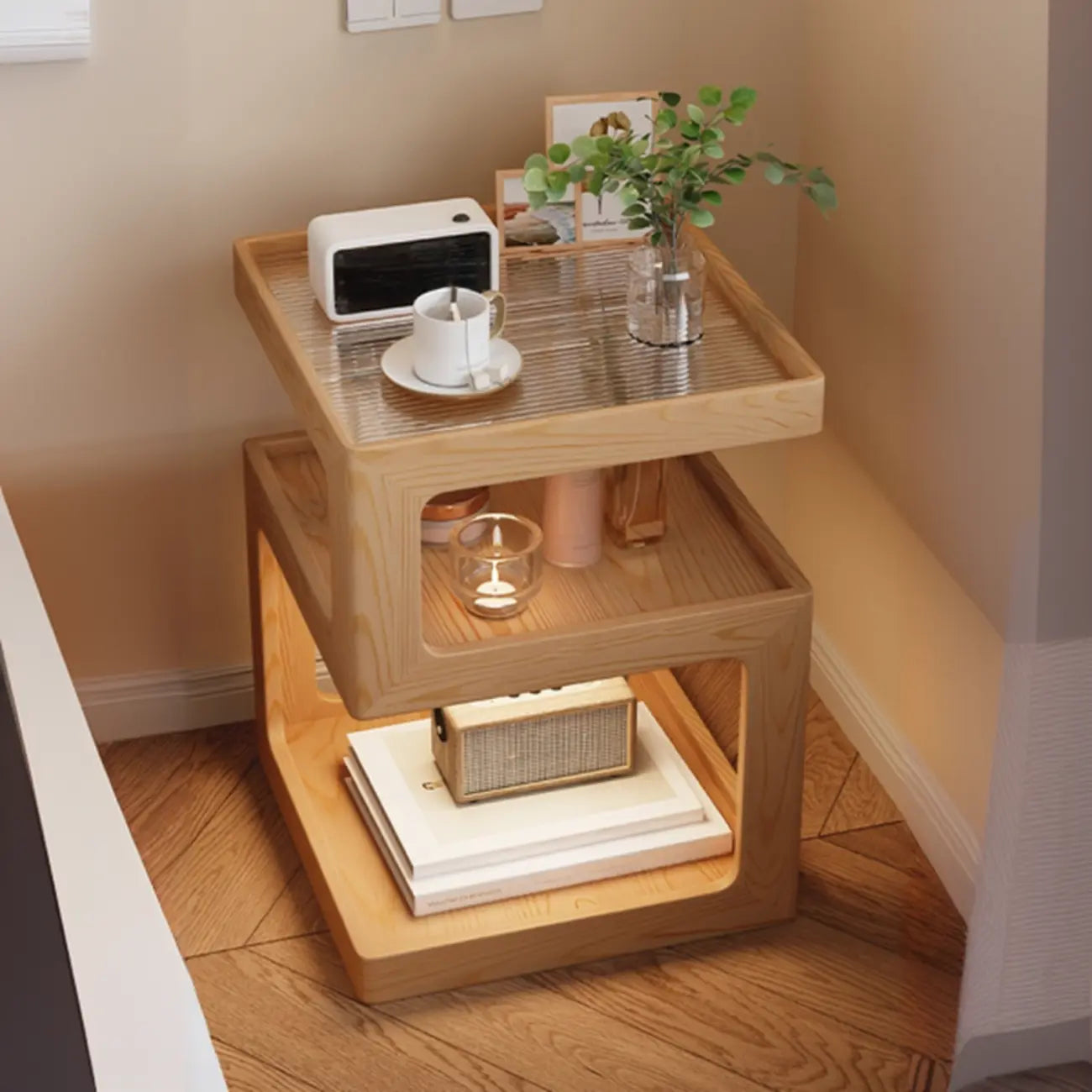 3 Tiers Square Wood Glass Top Open Storage Side Table