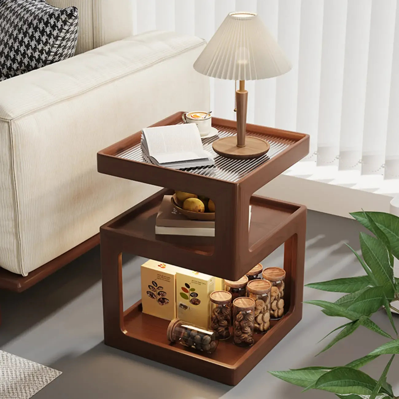 3 Tiers Square Wood Glass Top Open Storage Side Table