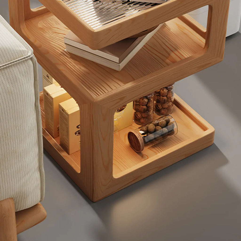 3 Tiers Square Wood Glass Top Open Storage Side Table