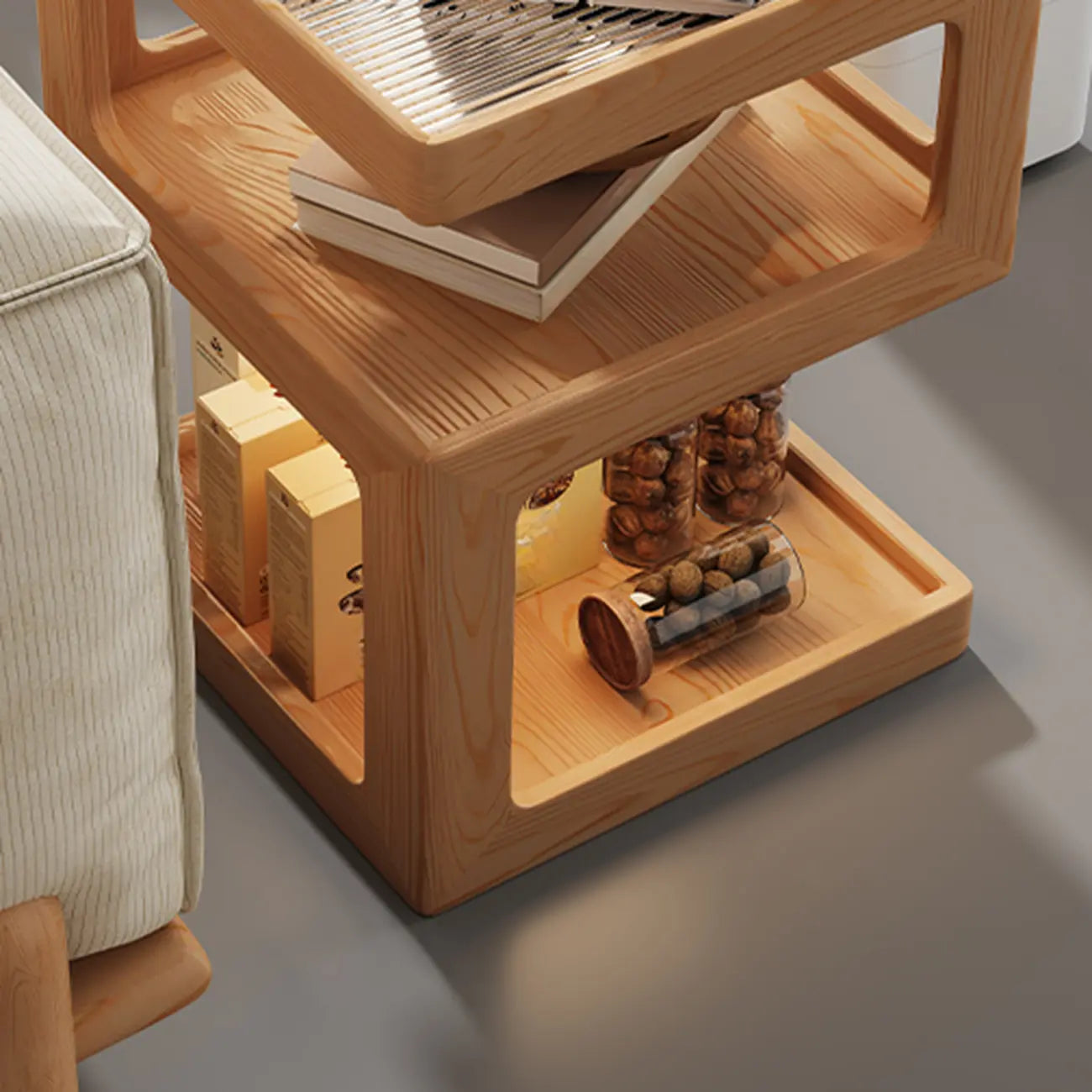 3 Tiers Square Wood Glass Top Open Storage Side Table