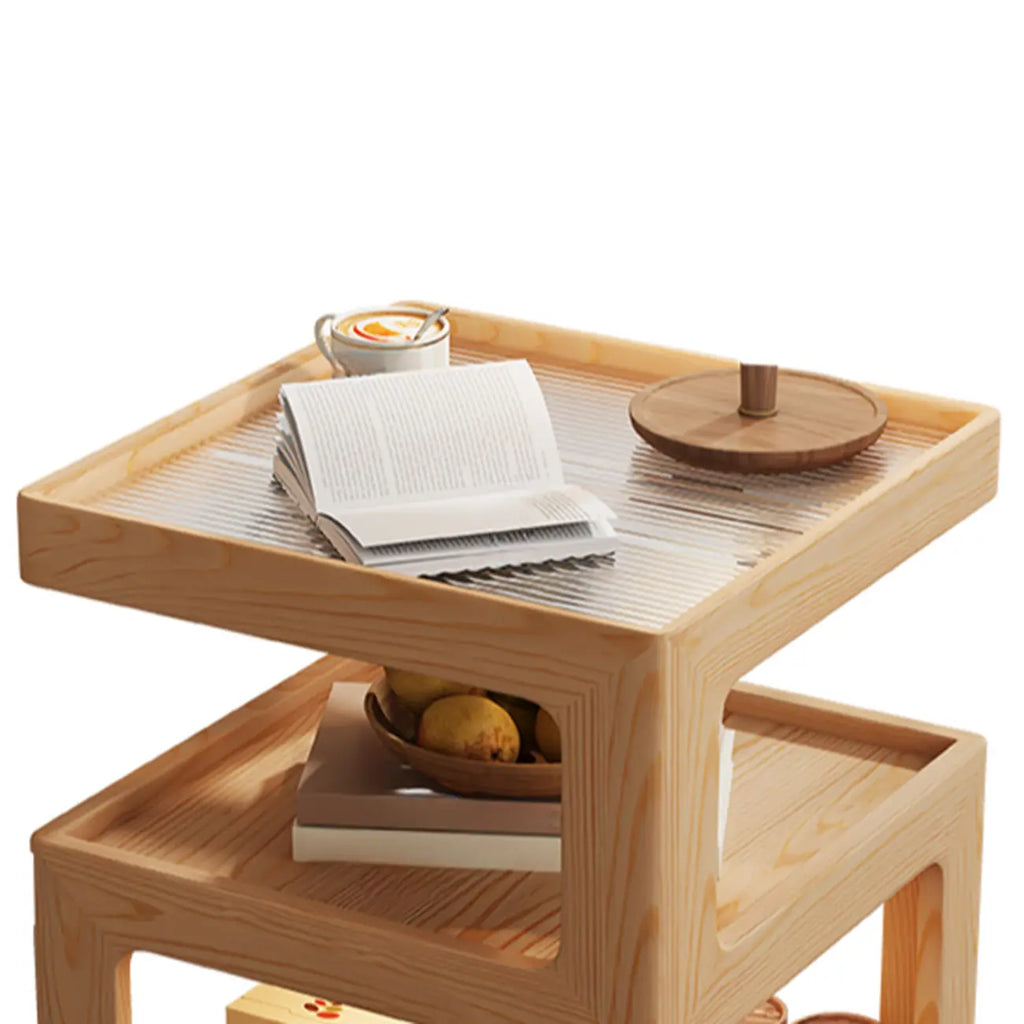3 Tiers Square Wood Glass Top Open Storage Side Table