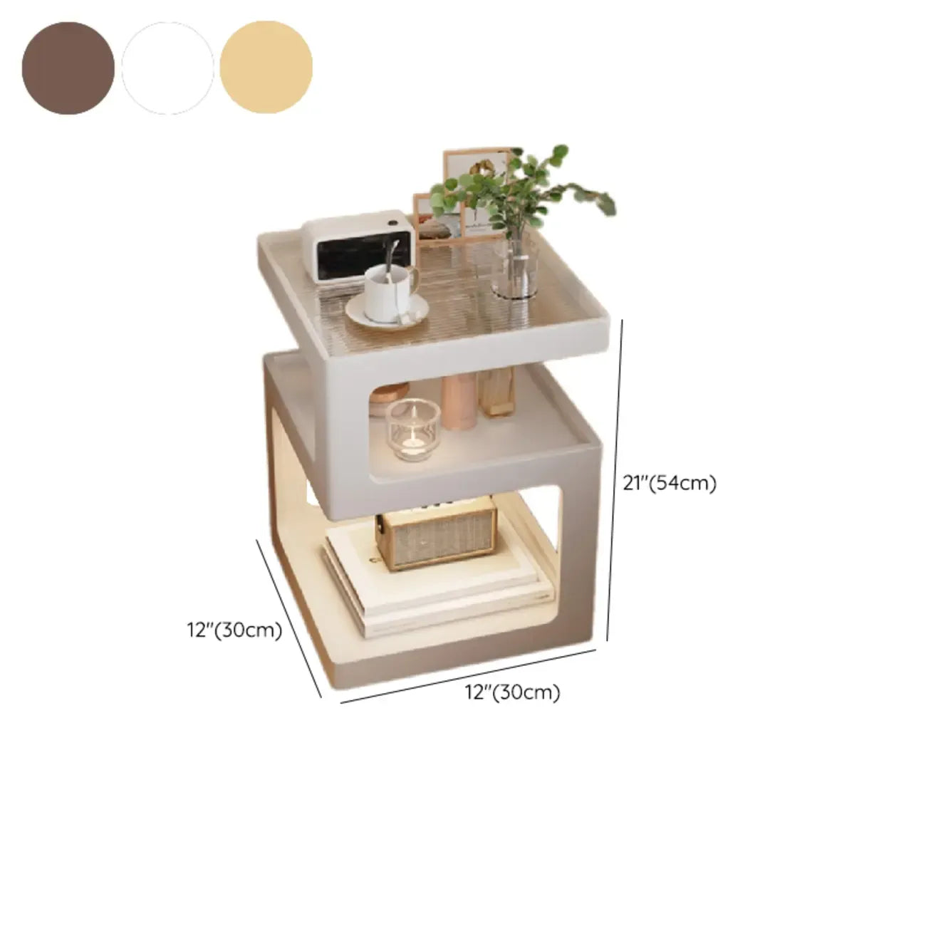 3 Tiers Square Wood Glass Top Open Storage Side Table