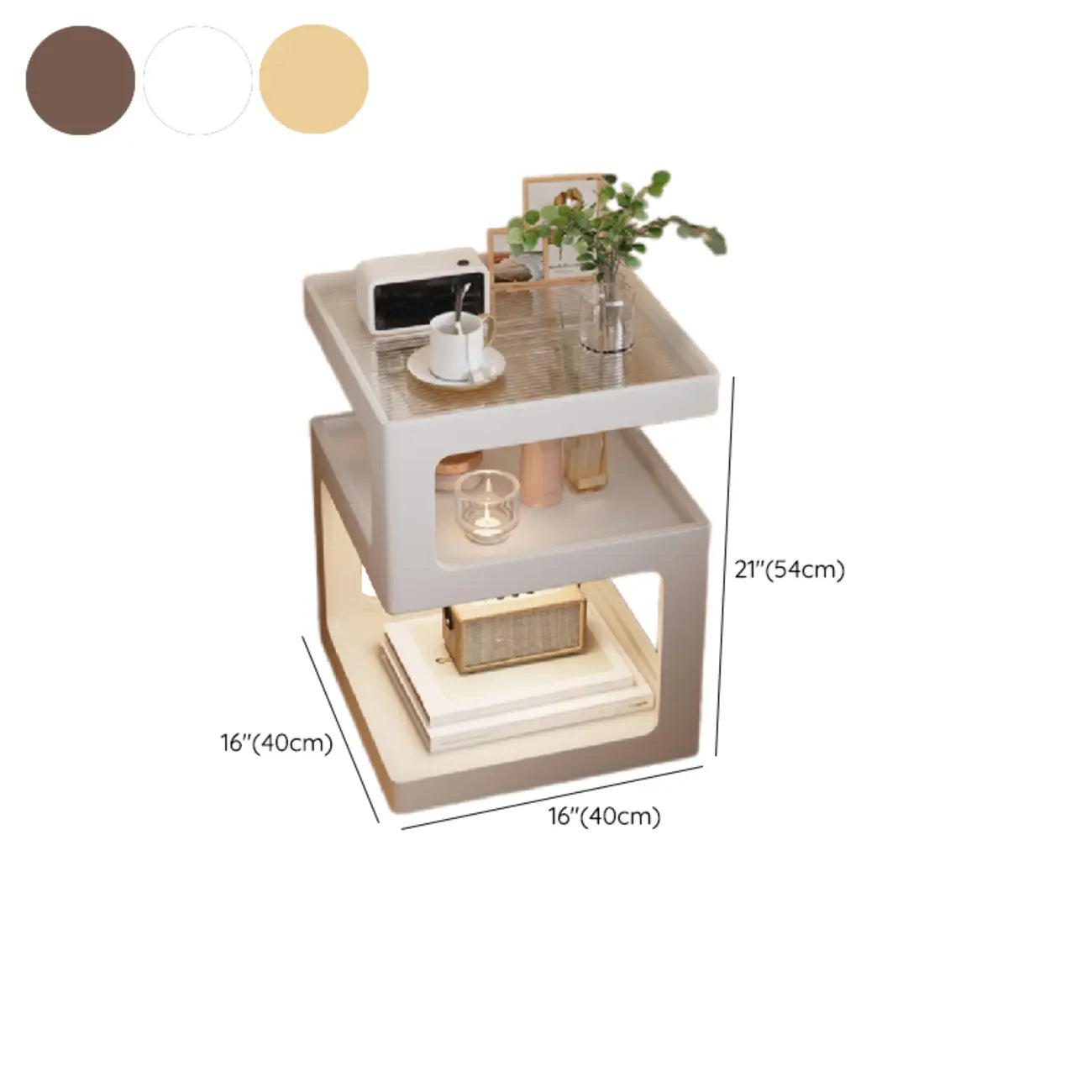 3 Tiers Square Wood Glass Top Open Storage Side Table