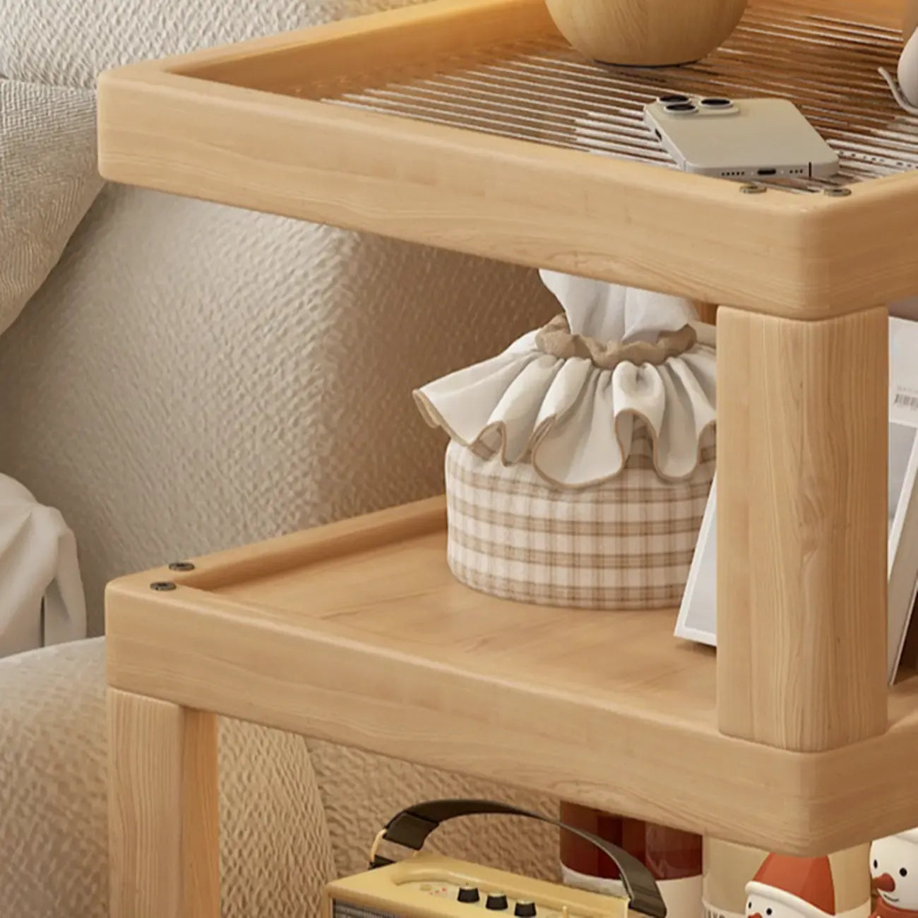 3-Tier Wood Walnut Storage Side Table with Wheels