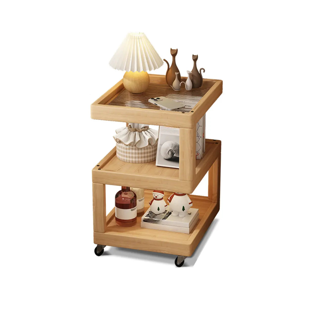 3-Tier Wood Walnut Storage Side Table with Wheels