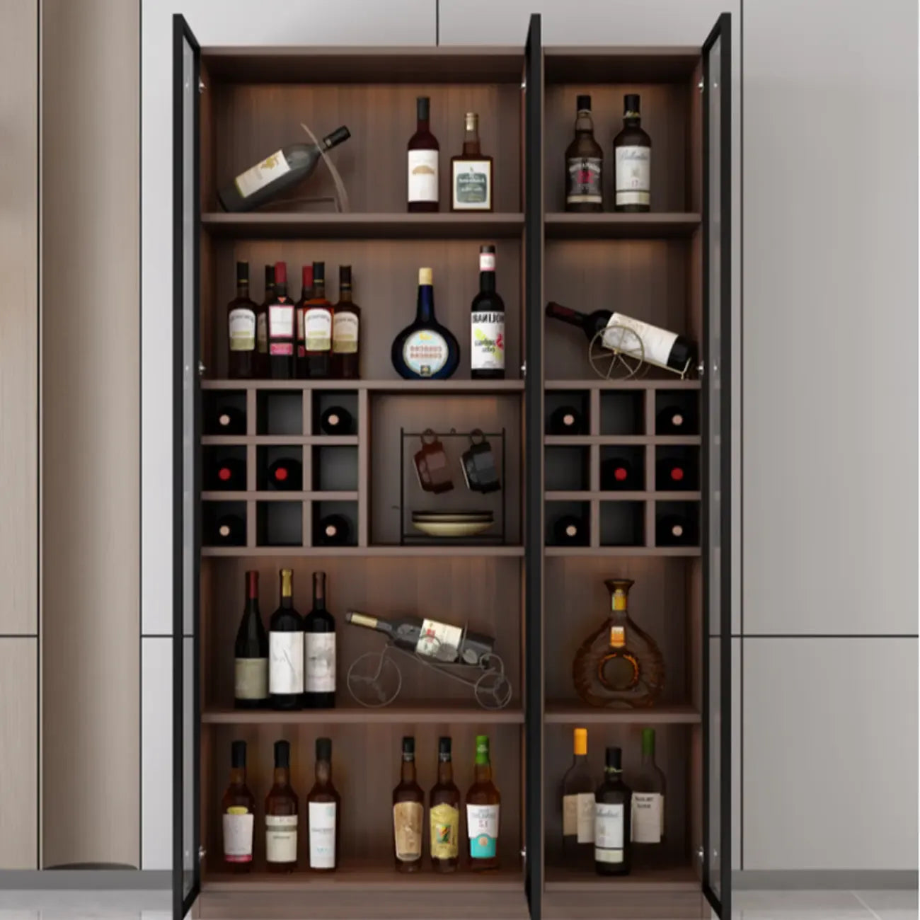 Traditional Wooden Brown Floor Wine Cabinet with Doors