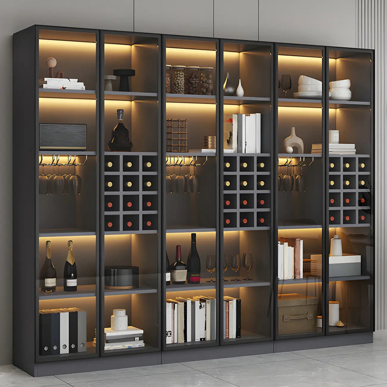 Lighting Modern Freestanding Black Wooden Wine Cabinet