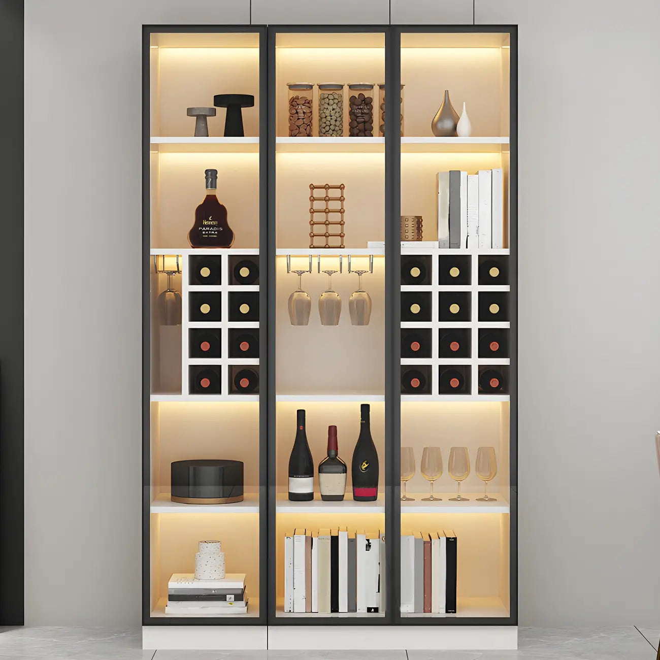 Lighting Modern Freestanding Black Wooden Wine Cabinet