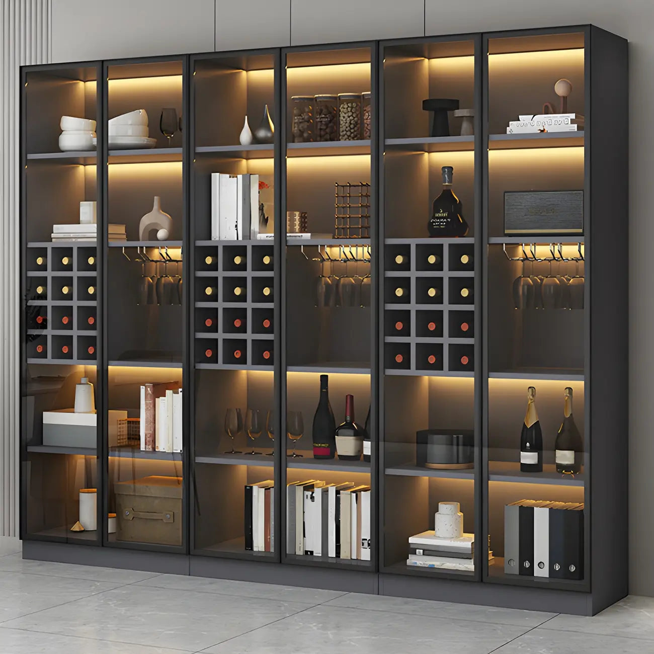 Lighting Modern Freestanding Black Wooden Wine Cabinet