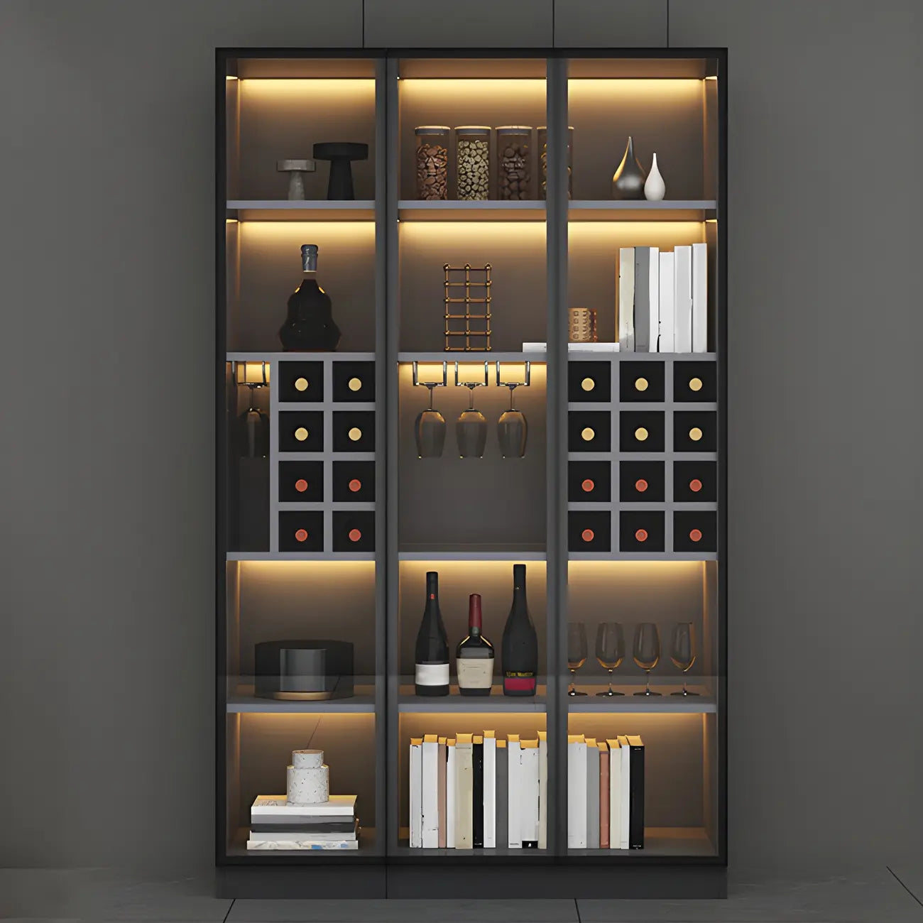 Lighting Modern Freestanding Black Wooden Wine Cabinet