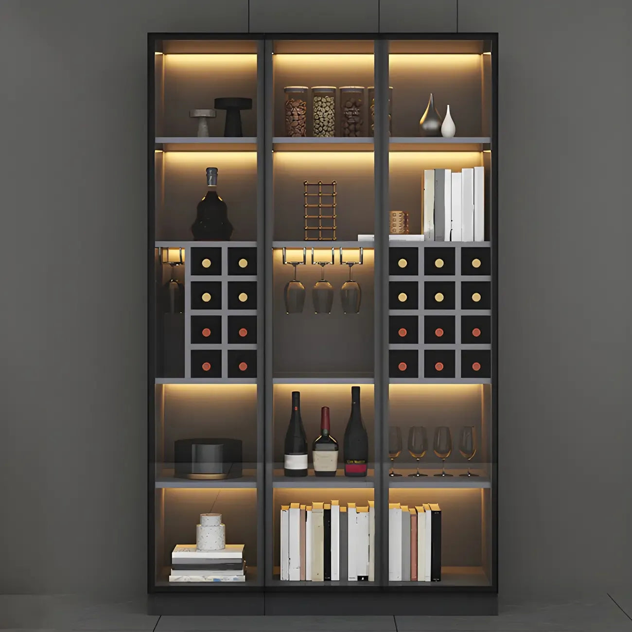 Lighting Modern Freestanding Black Wooden Wine Cabinet