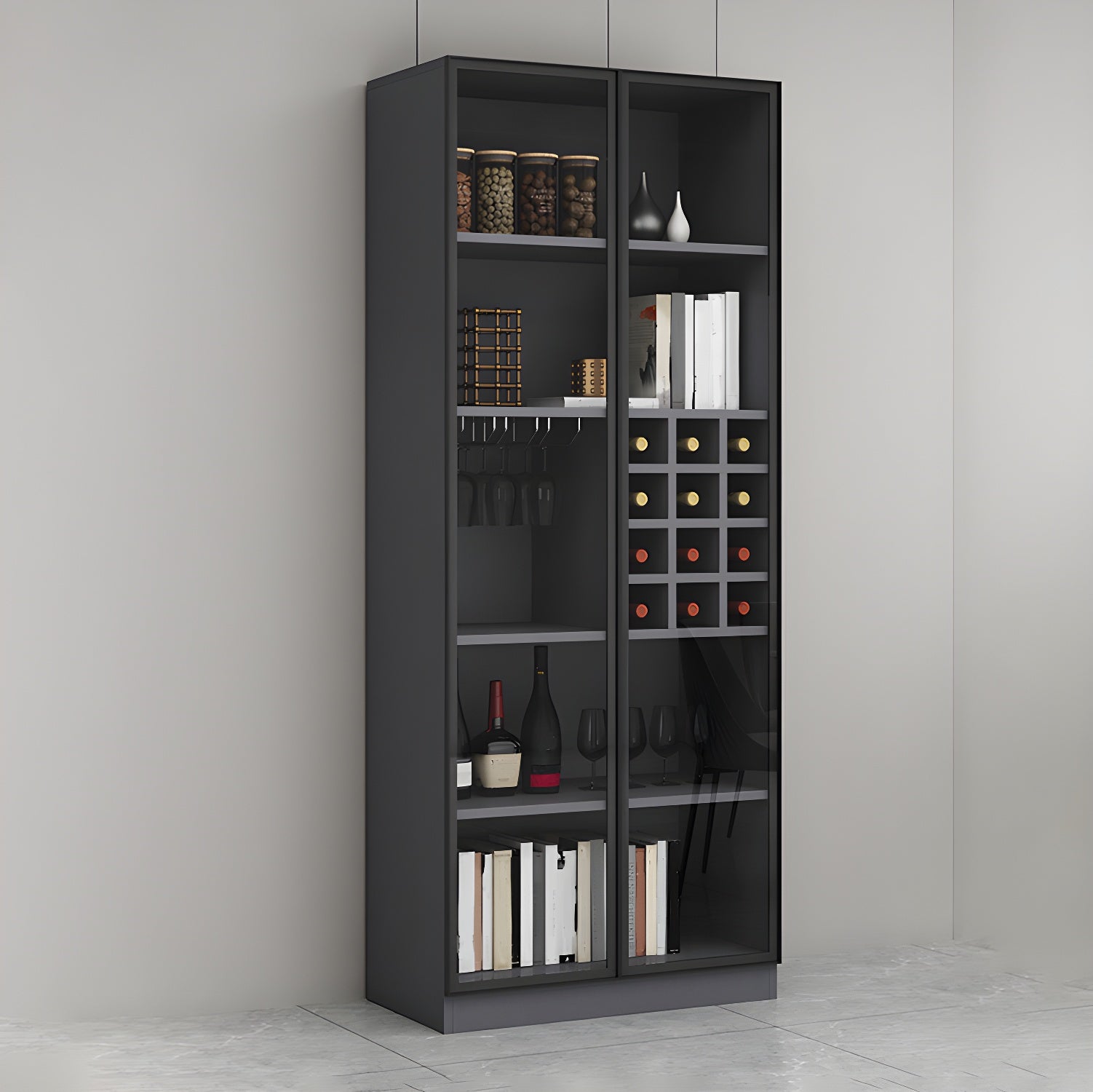 Lighting Modern Freestanding Black Wooden Wine Cabinet
