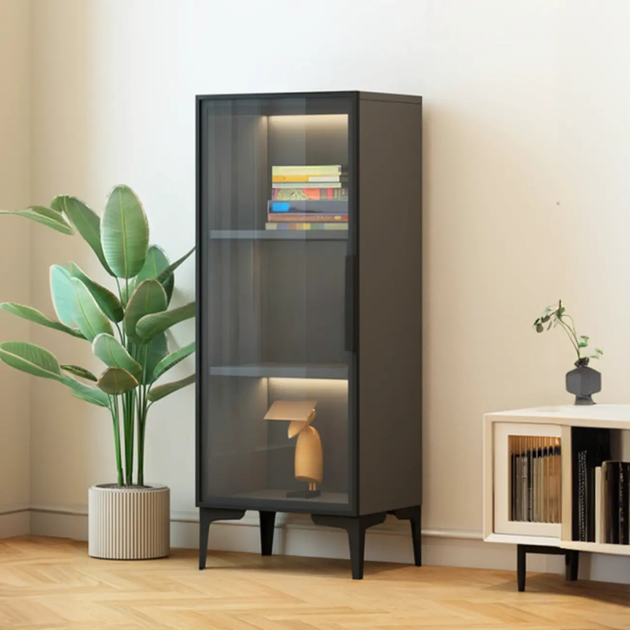 Modern Black Wood Clear Glass Lighting Display Cabinet