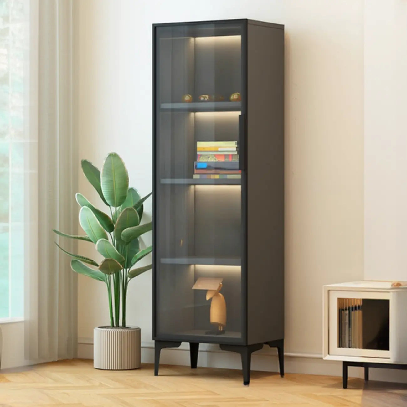 Modern Black Wood Clear Glass Lighting Display Cabinet