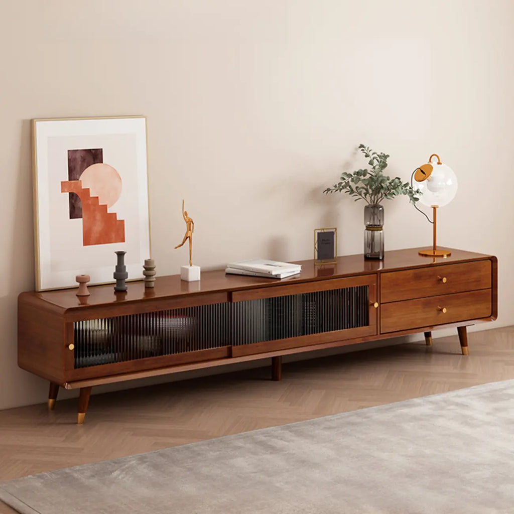 Long Brown 2-Drawer Pine Modern TV Stand with Cabinet
