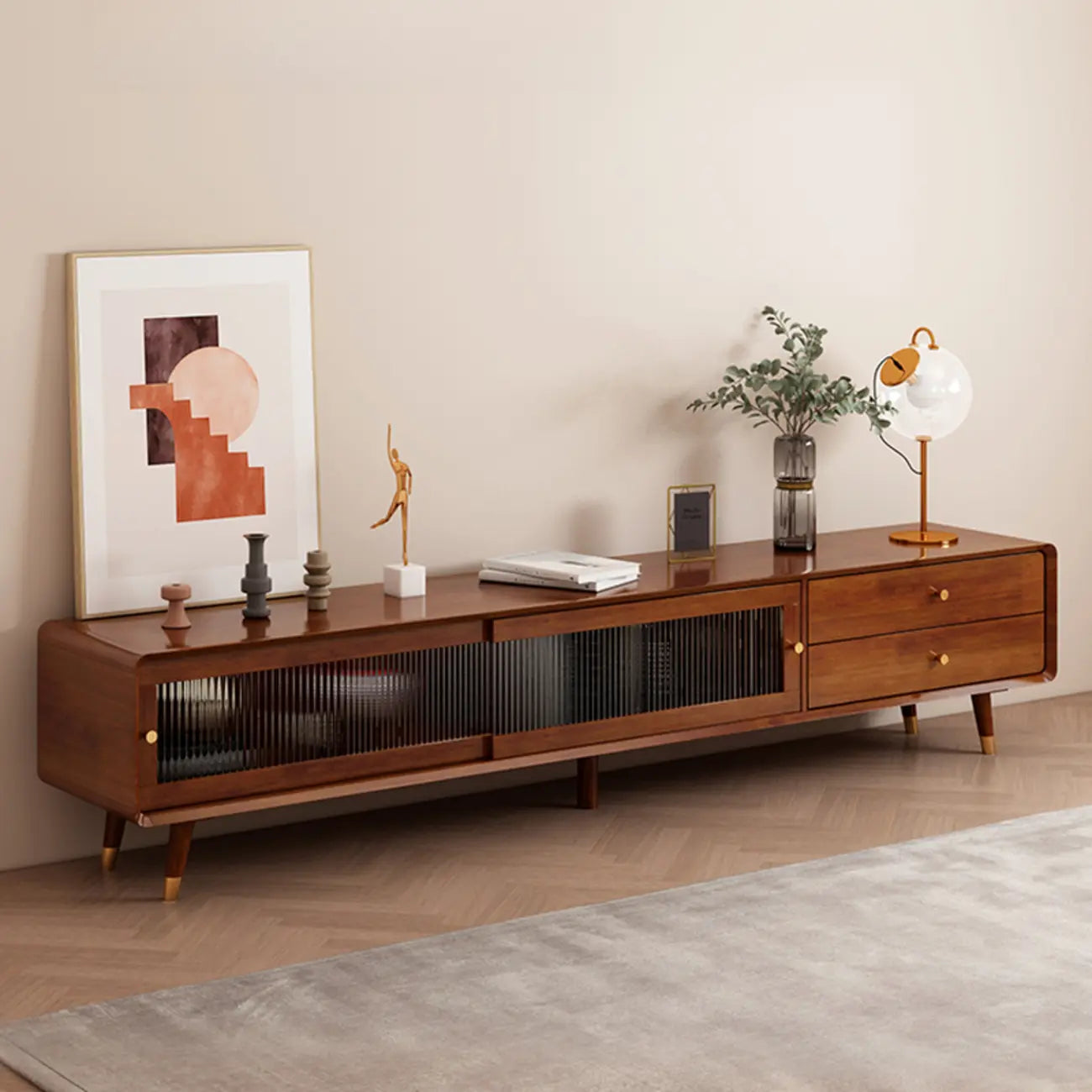 Long Brown 2-Drawer Pine Modern TV Stand with Cabinet