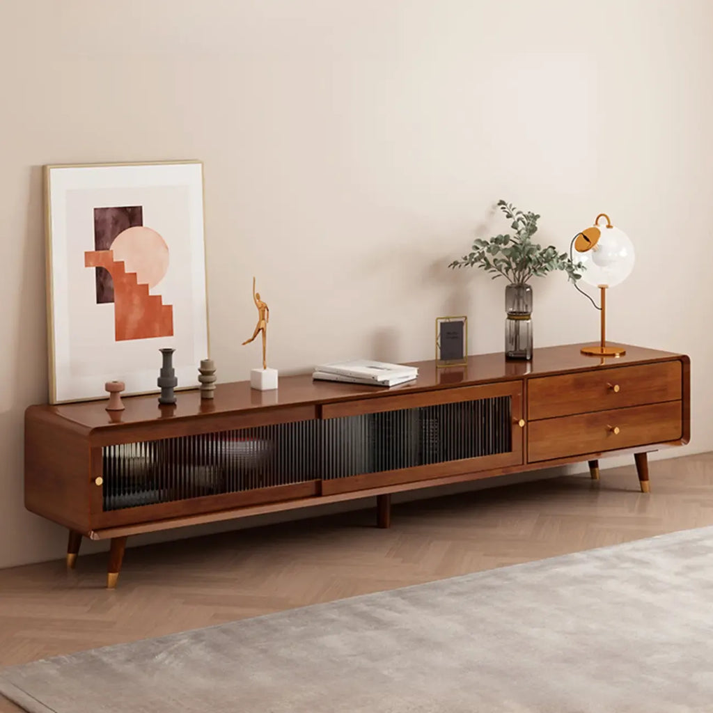 Long Brown 2-Drawer Pine Modern TV Stand with Cabinet