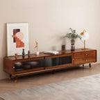 Long Brown 2-Drawer Pine Modern TV Stand with Cabinet