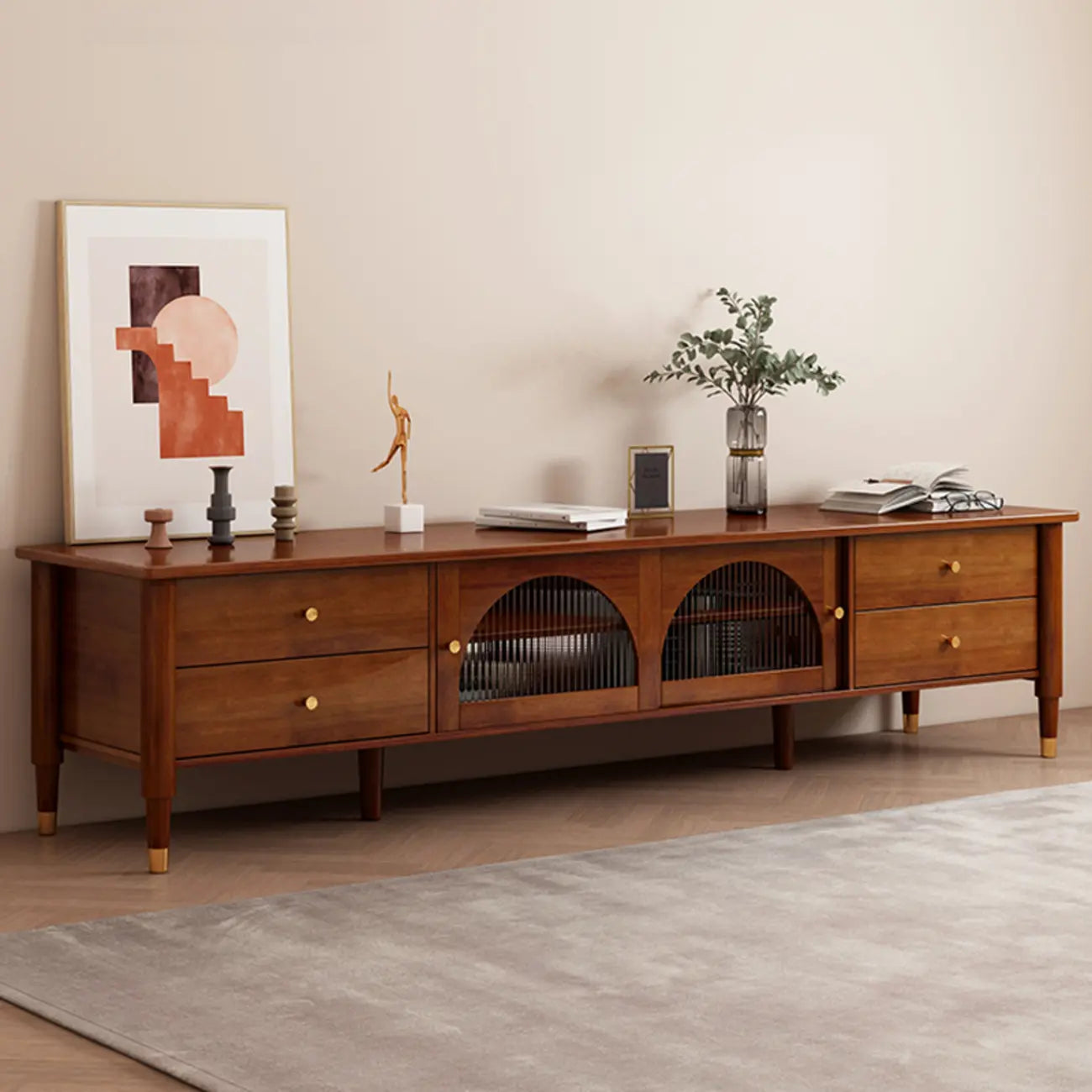 Long Brown 2-Drawer Pine Modern TV Stand with Cabinet