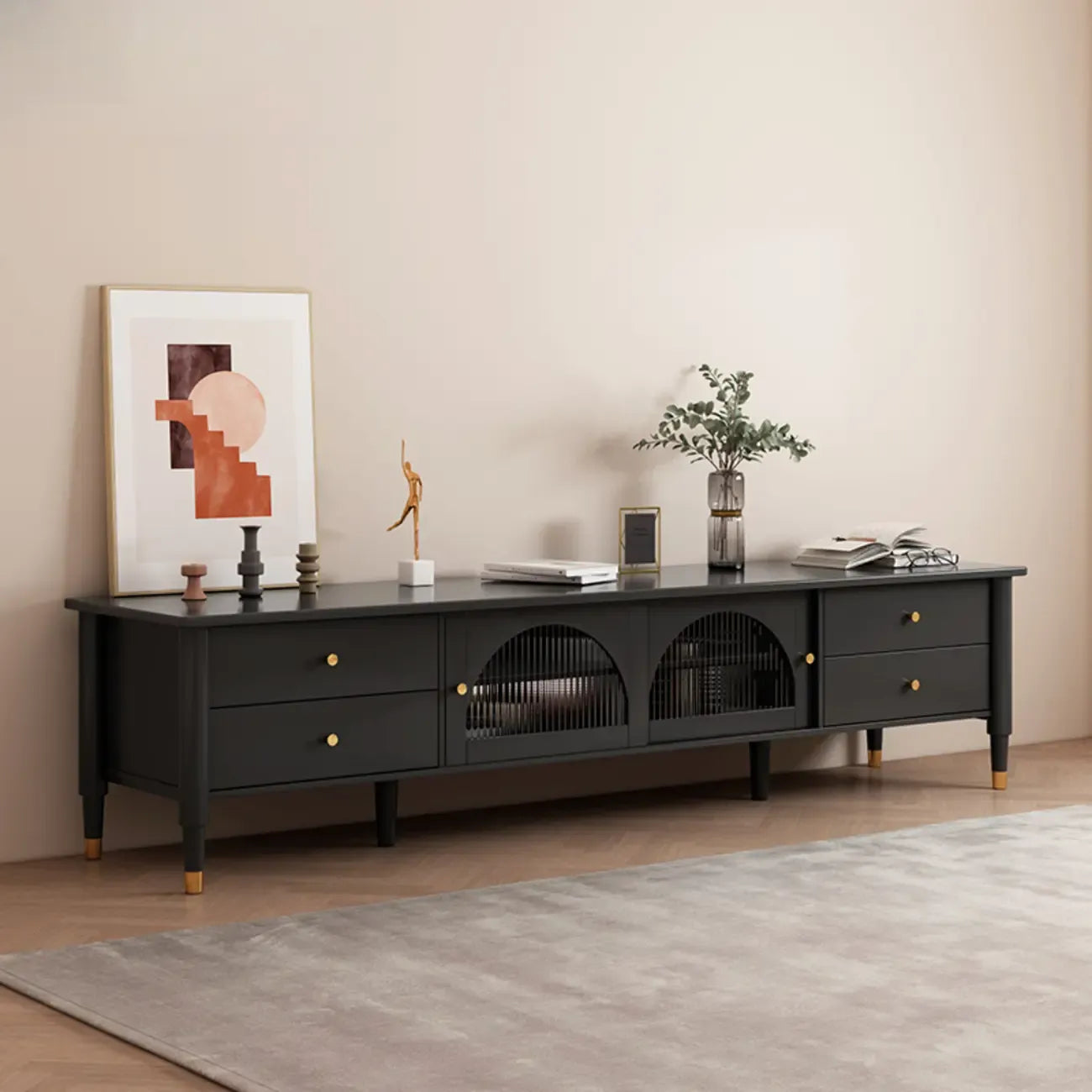 Long Brown 2-Drawer Pine Modern TV Stand with Cabinet